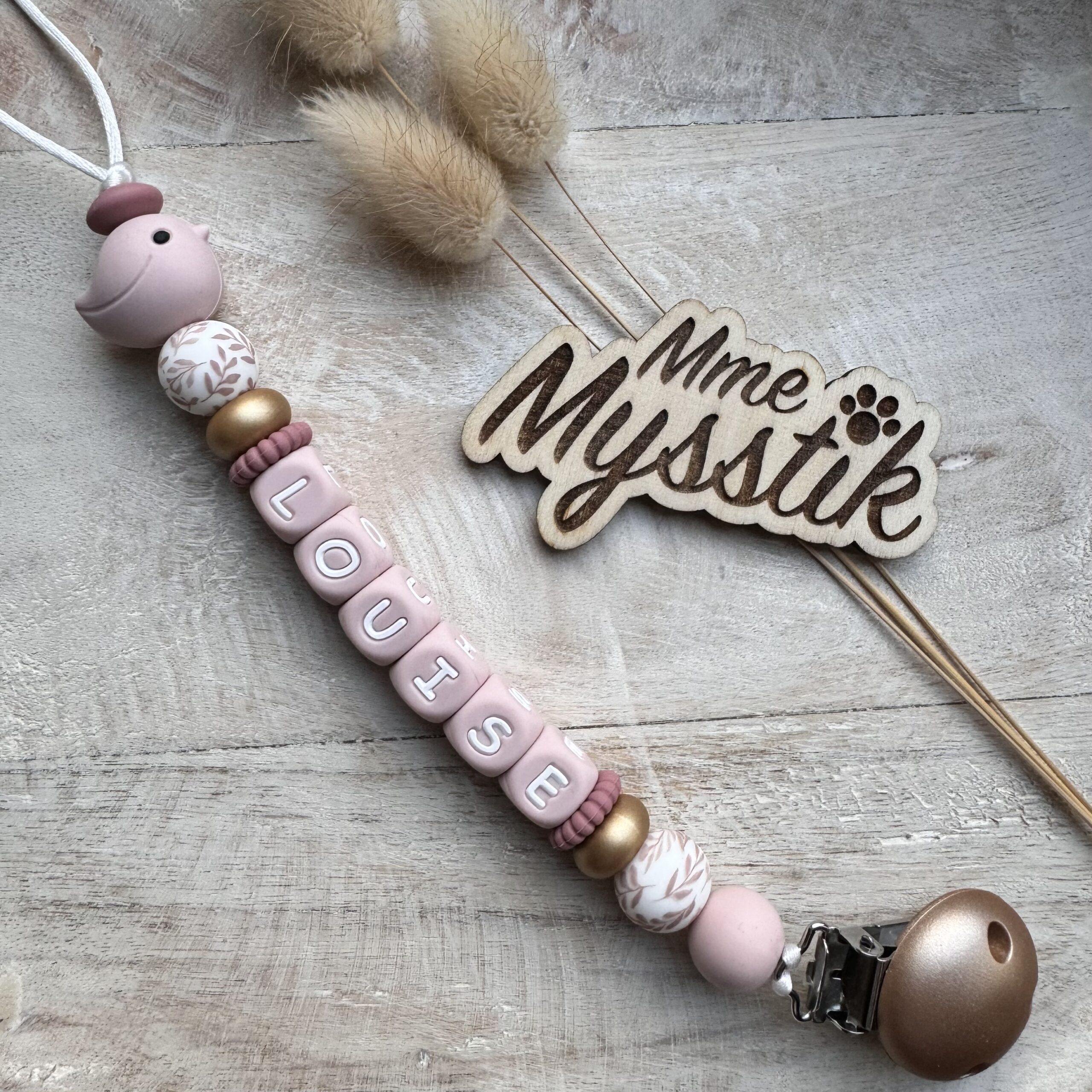 Speenkoord - ‘Birdy pink/ gold’ - Afbeelding 3
